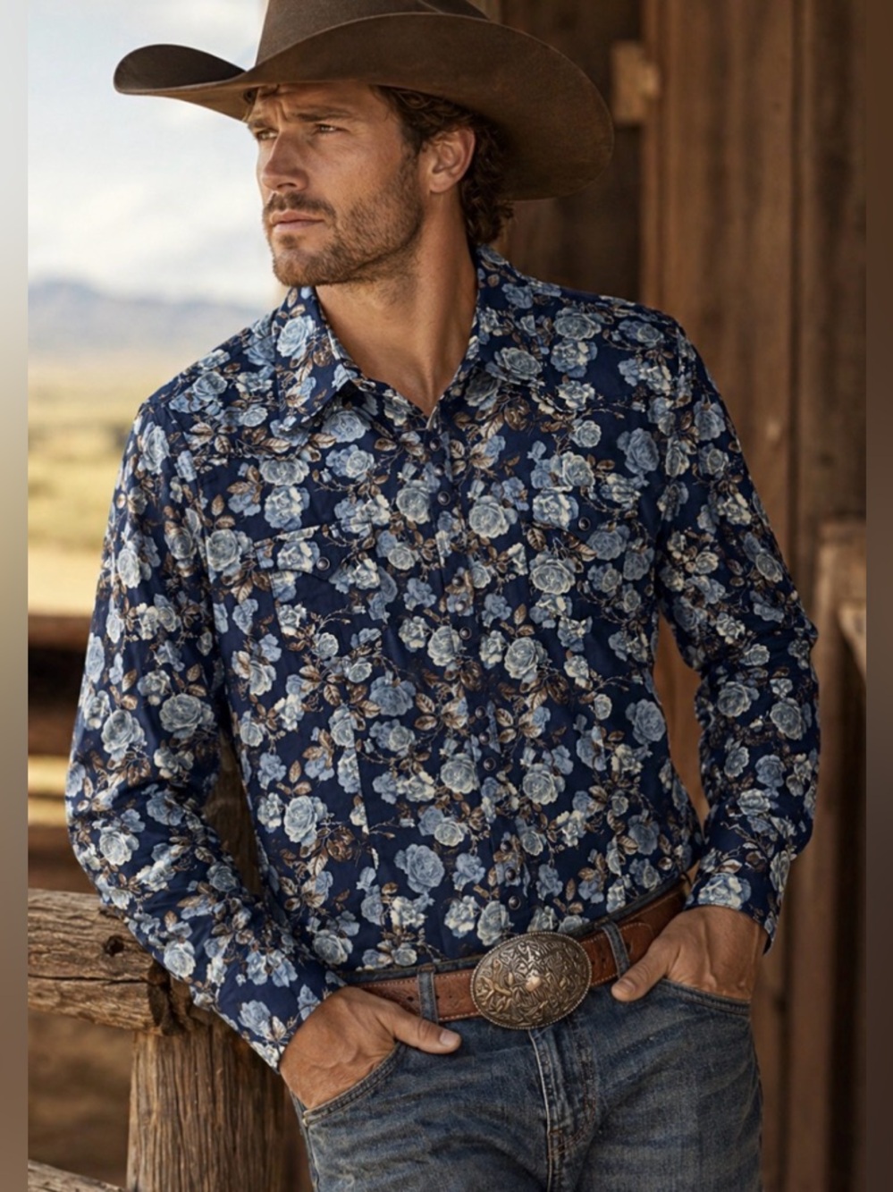 Stetson Western Floral Button-Down | Blue Rose Print Cowboy Shirt, XL